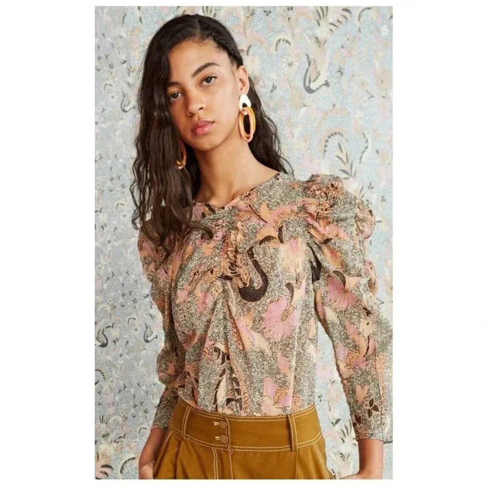 Ulla Johnson Posey Blouse Birds Of Paradise Size 0 Silk Blend Puff Sleeve